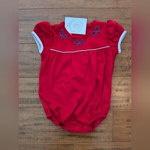 The Beaufort Bonnet Company Red Romper with Blue Embroidery